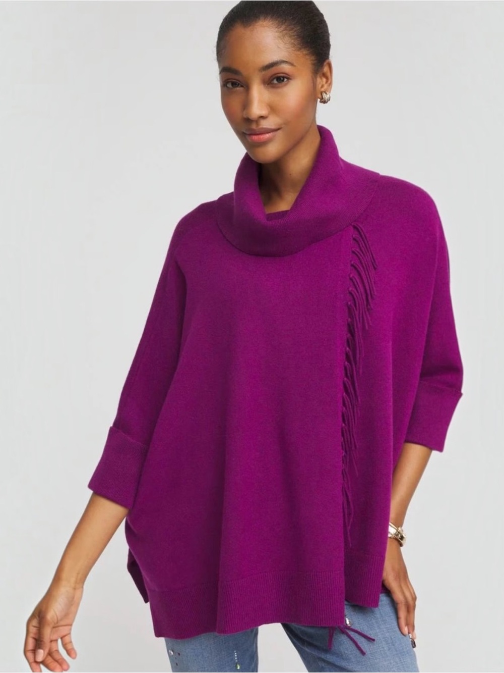Chico’s Fringe Cowl Neck Poncho Sweater S/M Magenta Cashmere Blend